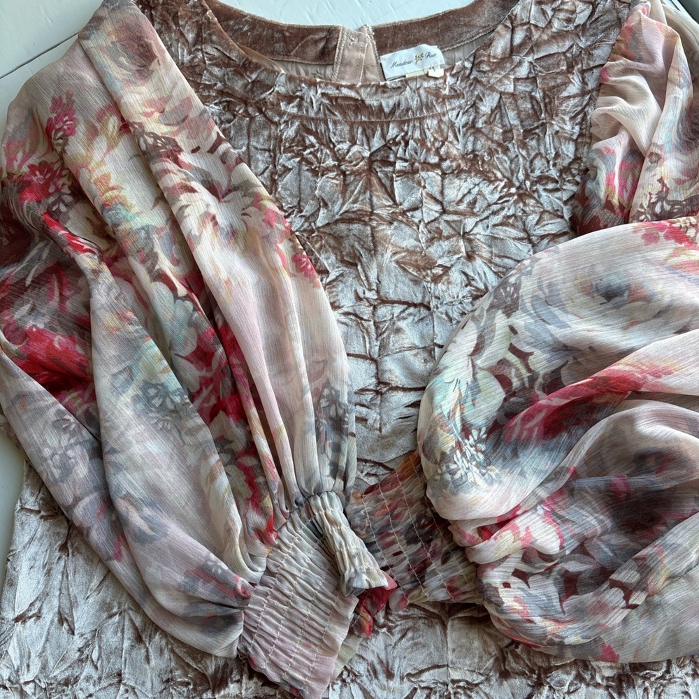 Meadow Rue Anthropologie XS Blouse Pink Velvet Floral Sheer Balloon Sleeve Chic - Picture 9 of 10